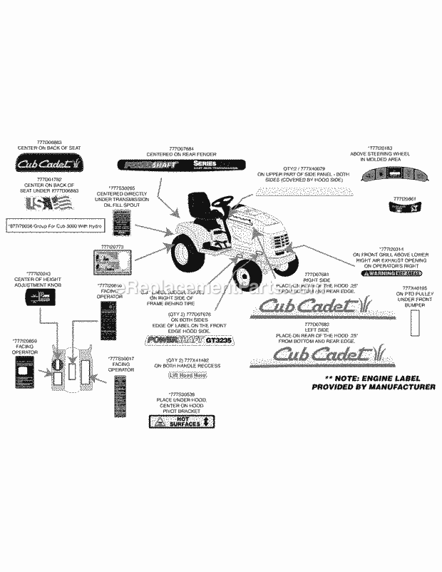 Label Map Diagram and Parts List for GT3235 14A-692-710 Cub Cadet Lawn Tractor